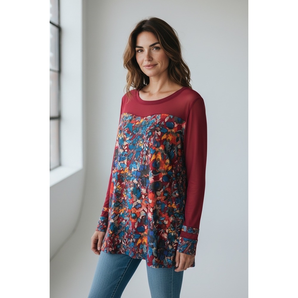 LOGO Layers Lori Goldstein Floral Mesh Yoke Long Sleeve Tunic Top Red Sz M